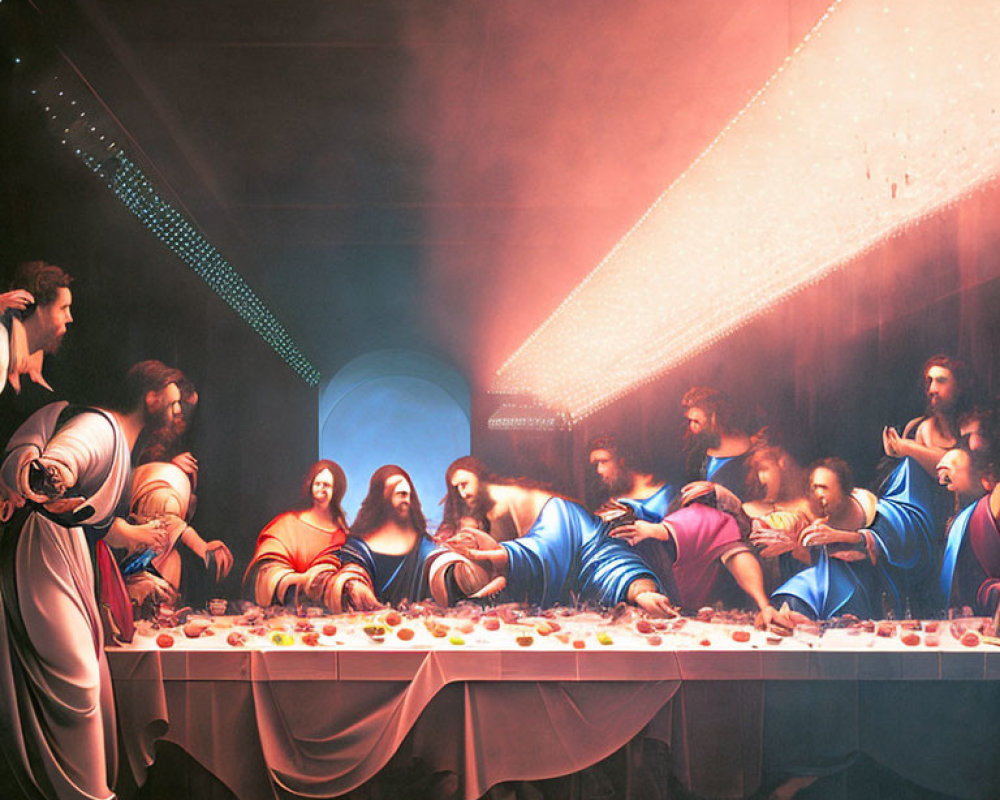 Modern Last Supper with UFO Beam & Classical Figures