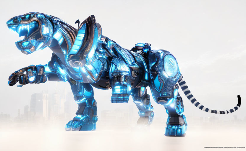 Futuristic metallic blue robotic tiger against city skyline