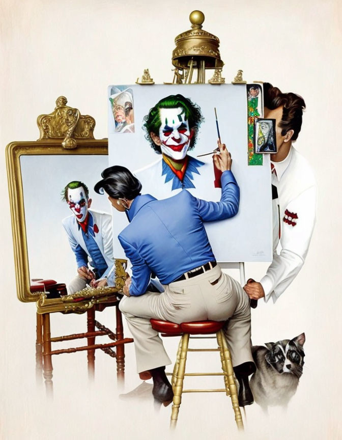 Person dressed as Joker painting self-portrait with Joker reflections and cat observing