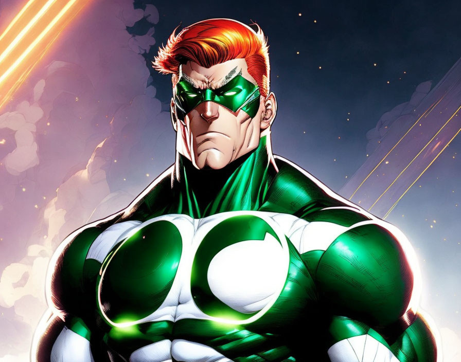 Red-Haired Superhero in Green and White Costume on Stylized Background