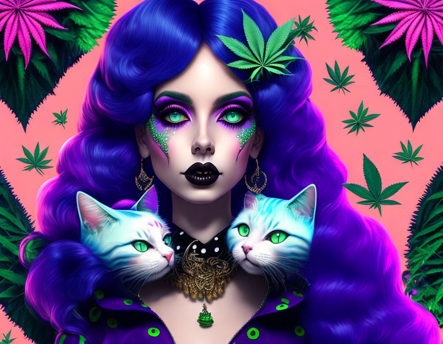 Vibrant blue-haired woman with cannabis leaves and white cats illustration.