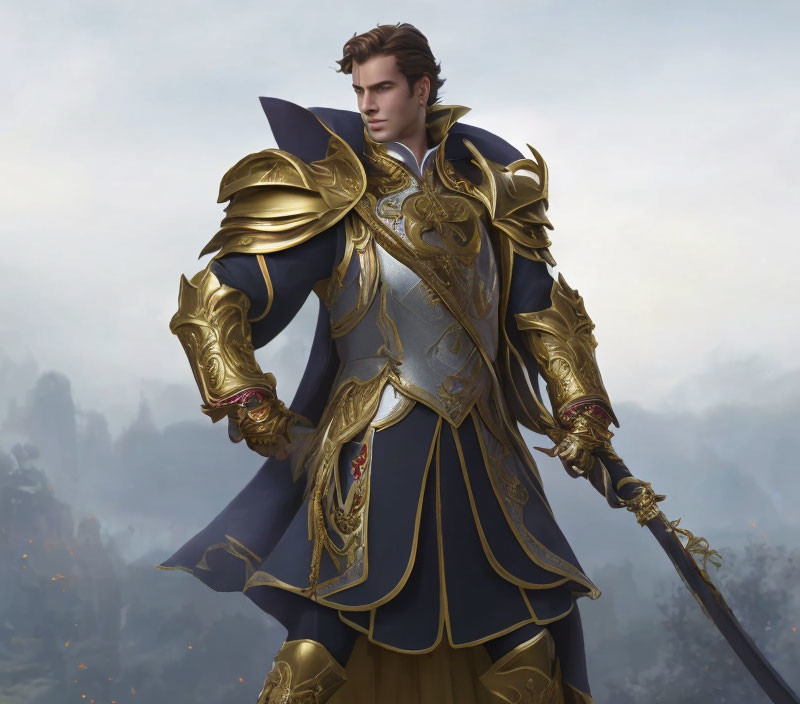 Figure in ornate golden and blue armor with powerful stance and cloak