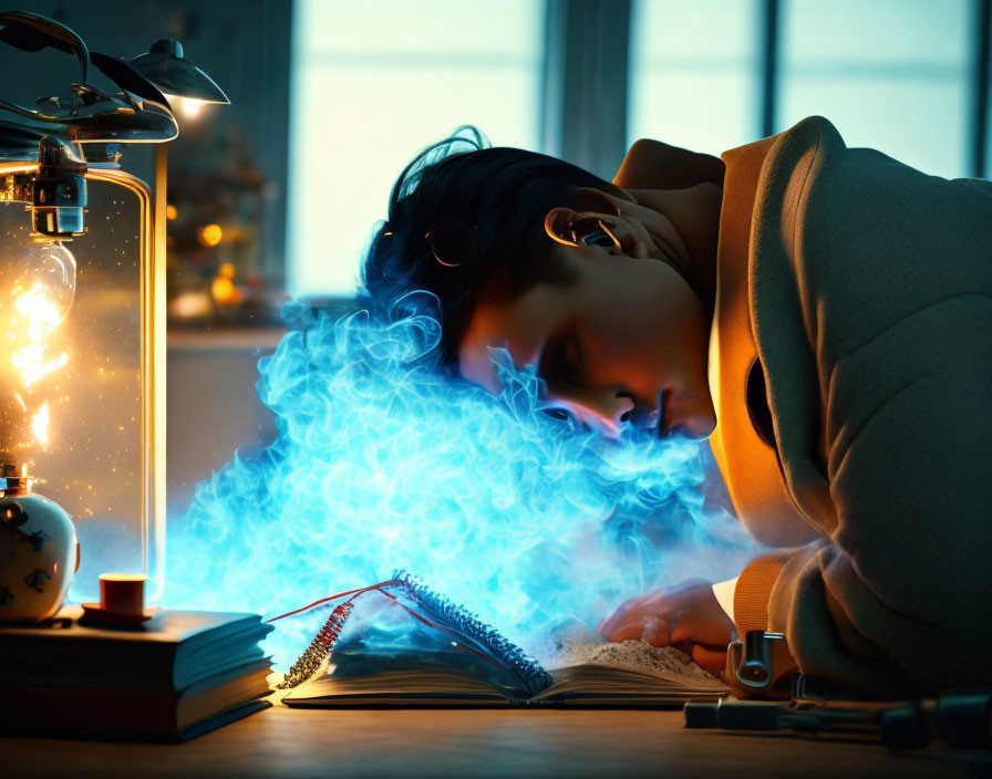 Person sleeping with headphones near glowing notebook on desk