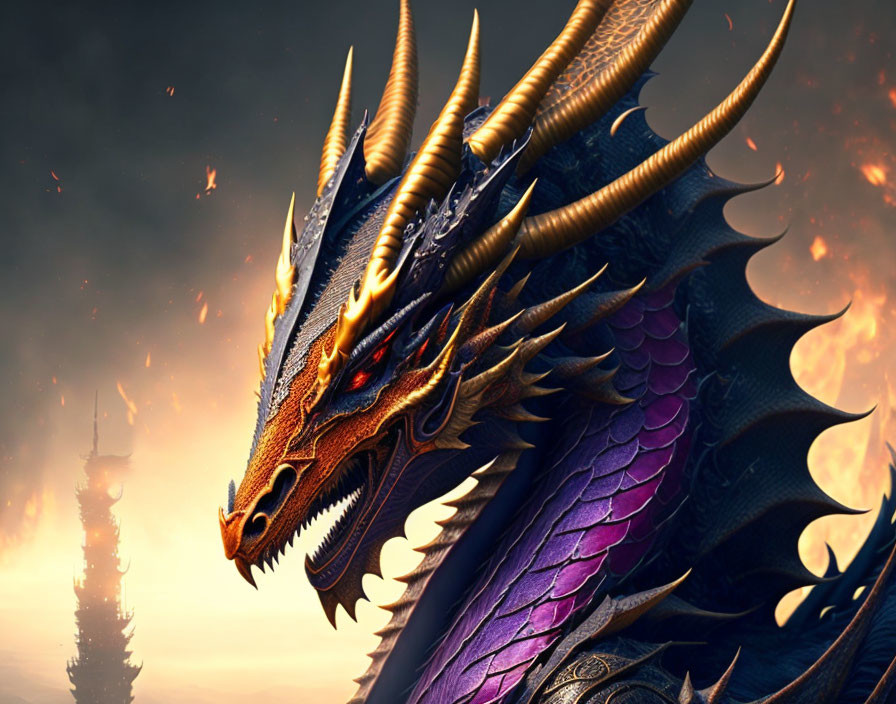 Majestic dragon with golden horns and purple scales in dusky sky