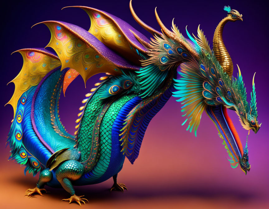 Colorful Dragon with Peacock-Like Features on Purple Background