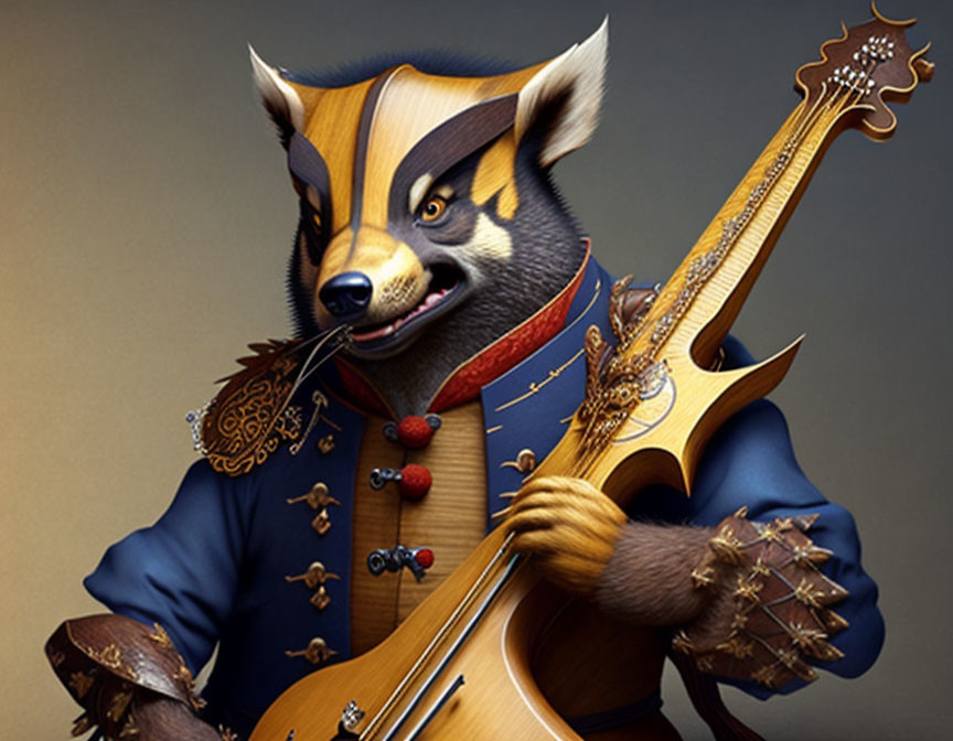 Anthropomorphic badger playing stylized violin in elegant blue and gold attire