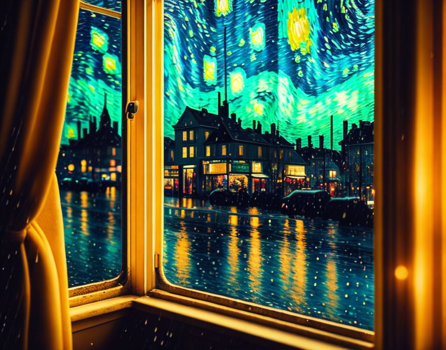 Rainy night cityscape view resembling "Starry Night" painting