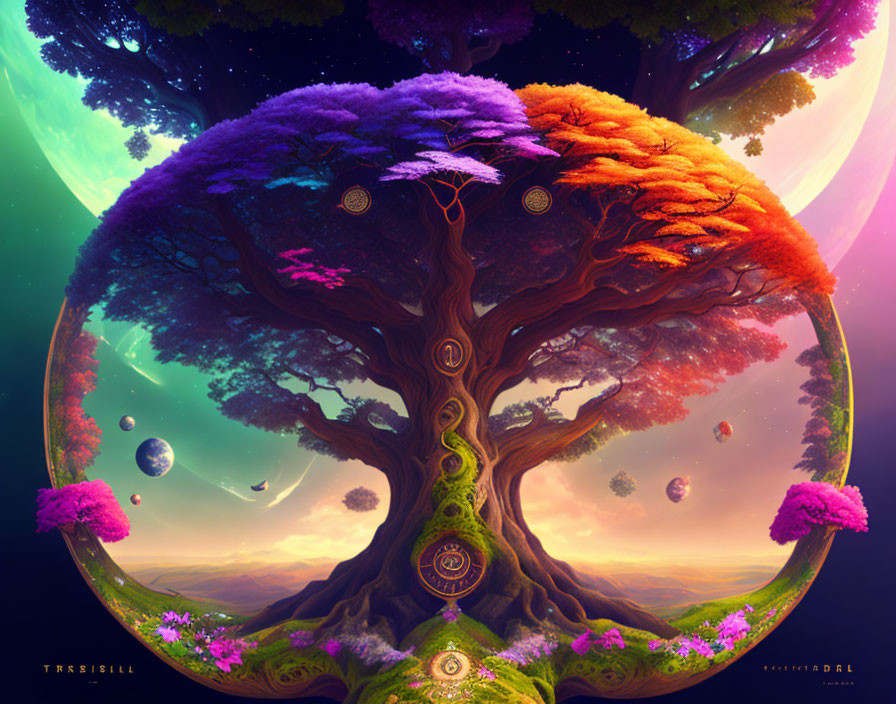 Colorful Seasonal Tree with Floating Orbs in Circular Frame