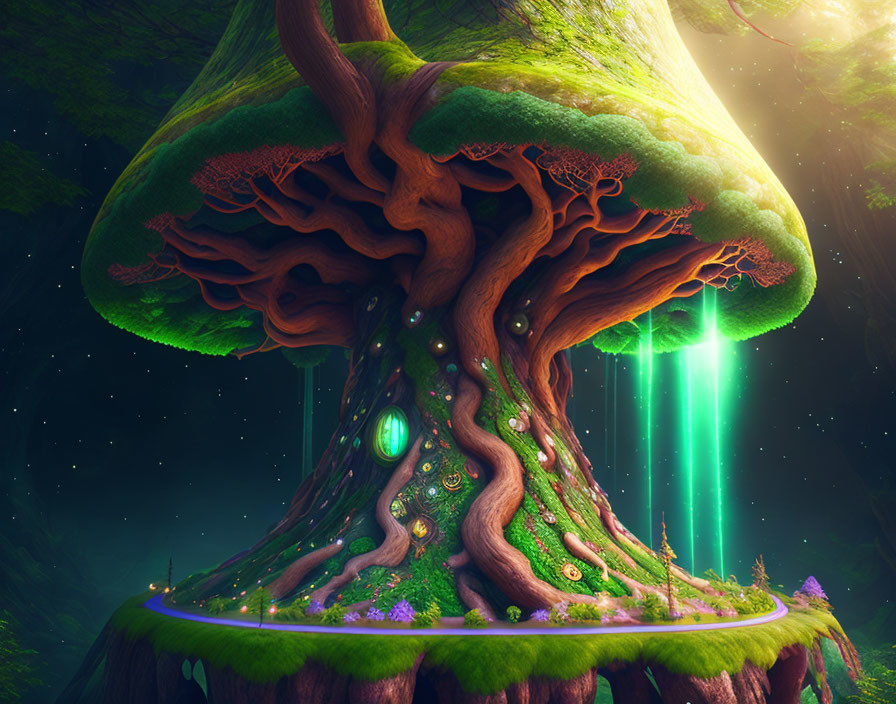 Enormous tree with mushroom-like canopy in enchanted forest