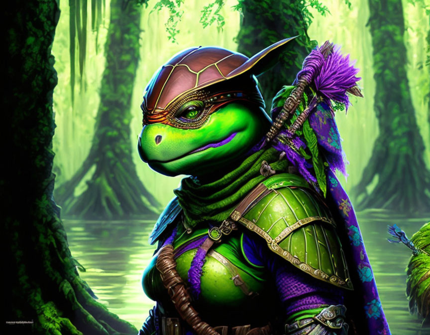 Purple bandana Ninja Turtle in armor and cloak in enchanted forest