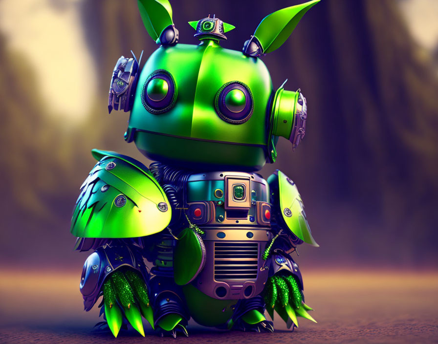 Green robot with rabbit-like ears and leaf motifs on soft-focus background