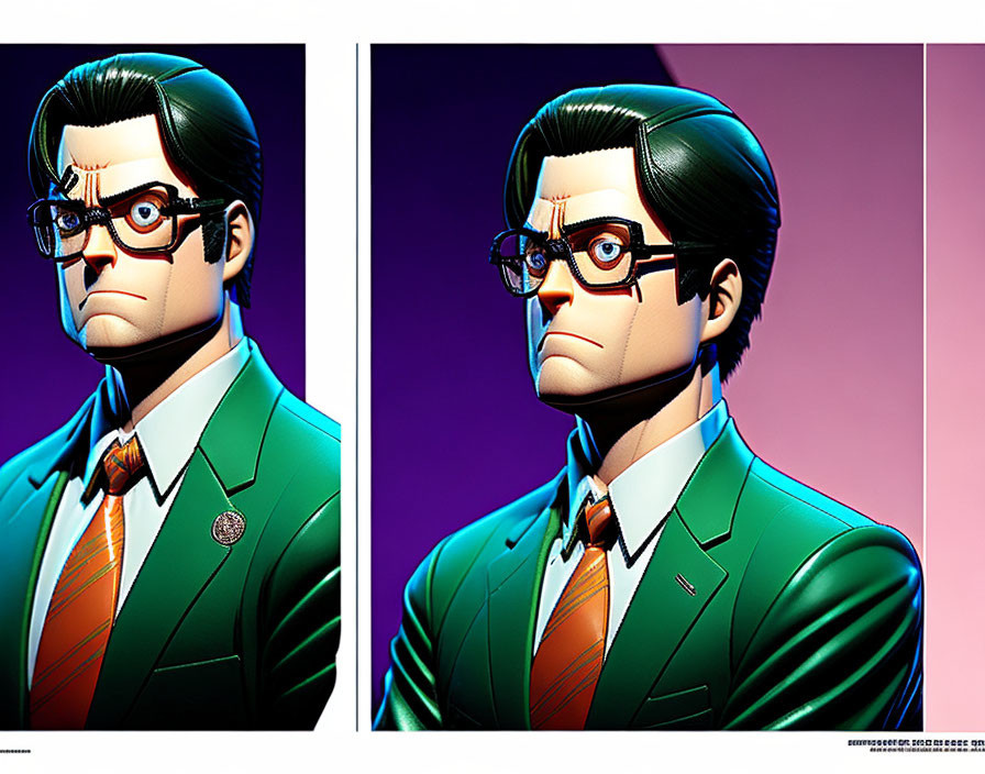 Man with Black Hair and Glasses in Green Suit and Orange Tie - Stylized Side Profiles