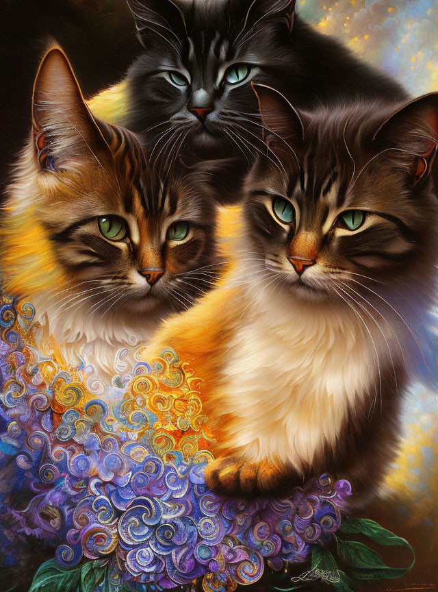 Colorful Cats with Vibrant Eyes on Floral Background