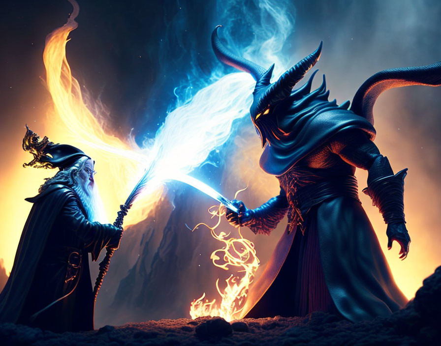 Wizard in Hat Duels Horned Creature in Fiery Landscape