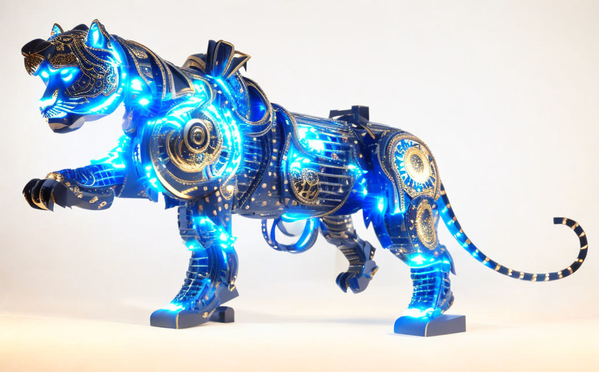 Intricate Mechanical Tiger Sculpture with Blue Lights