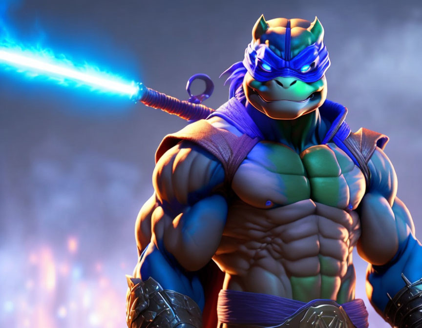 Digital artwork: Animated anthropomorphic turtle in purple mask wields weapon with blue beam against dramatic backdrop