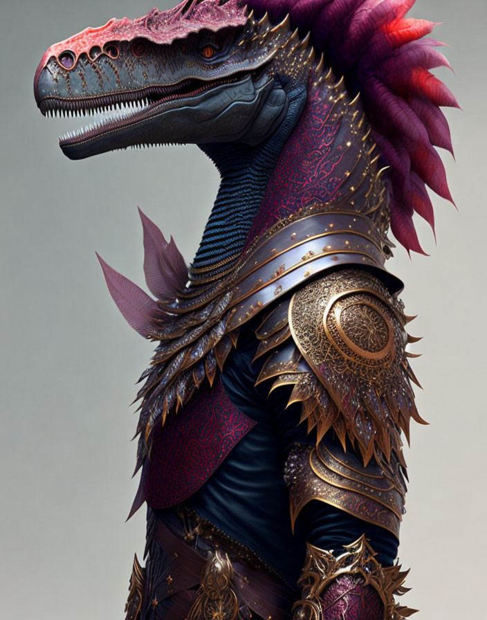 Detailed Dragon Illustration in Ornate Armor with Purple Crest and Feathers