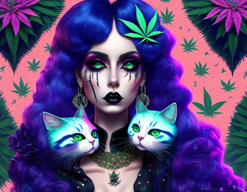 Stylized illustration of woman with blue hair and cannabis-themed makeup, surrounded by blue-eyed cats and