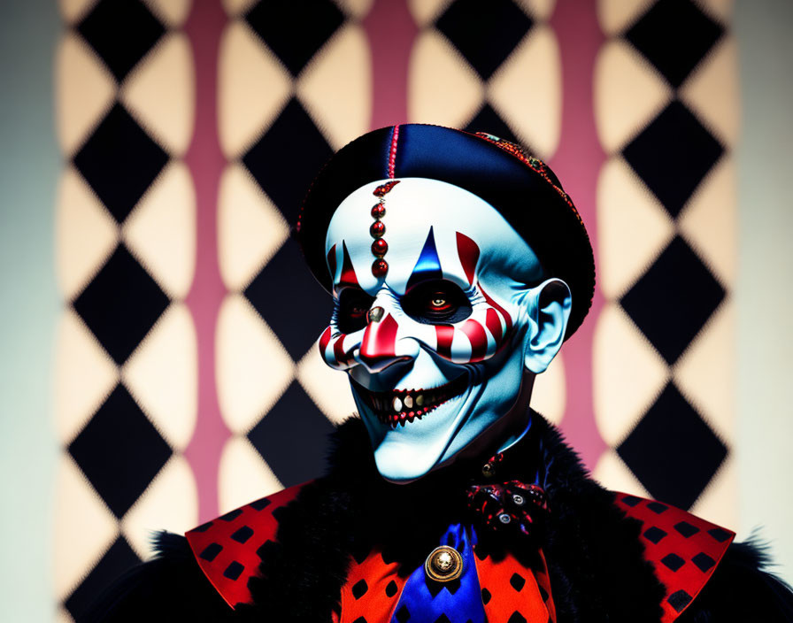 Clown makeup and costume on harlequin-patterned background