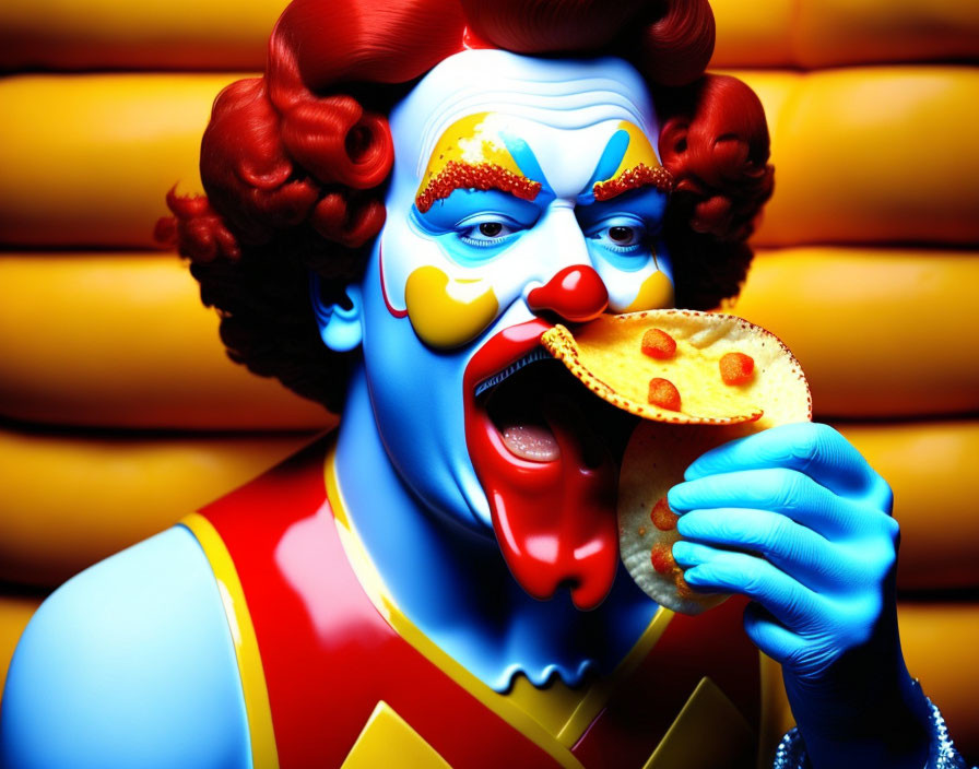 Colorful Clown Eating Pizza on Yellow Striped Background