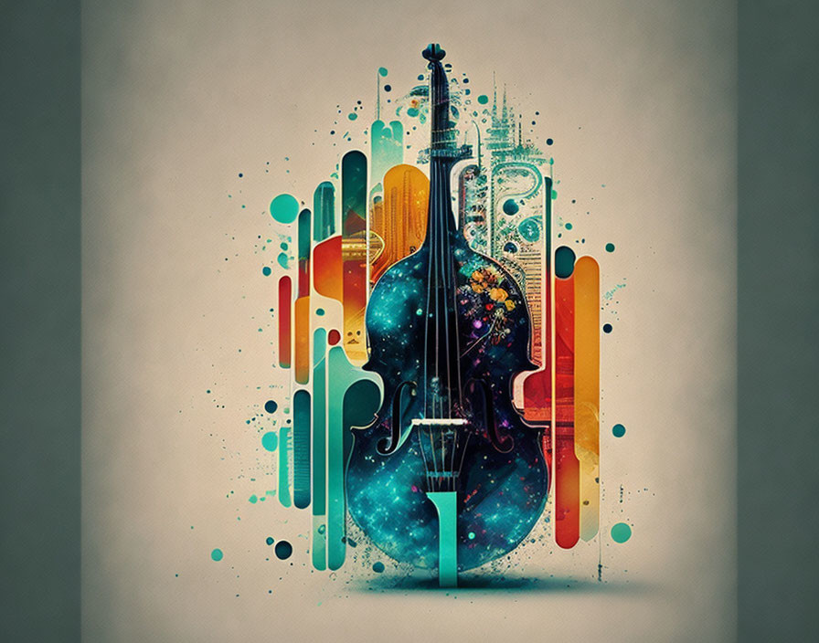 Cello merging with cosmic and musical elements on beige background