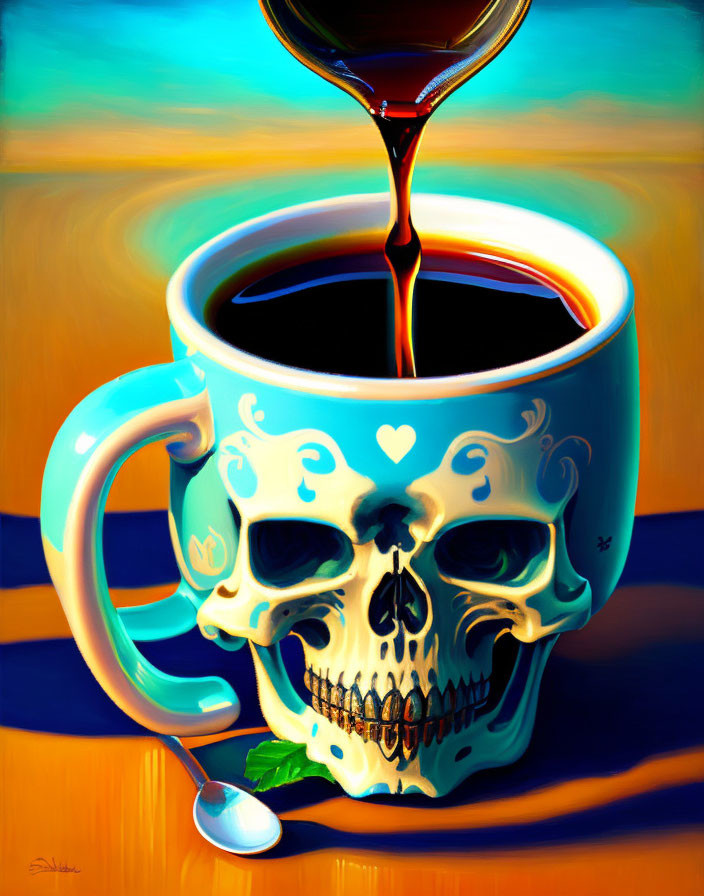 Skull-shaped cup with heart-shaped eyes receiving coffee pour on colorful background