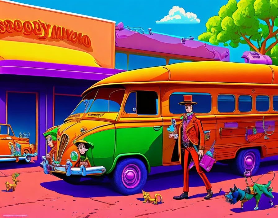 Vibrant illustration of man with pets near vintage Hollywood scene