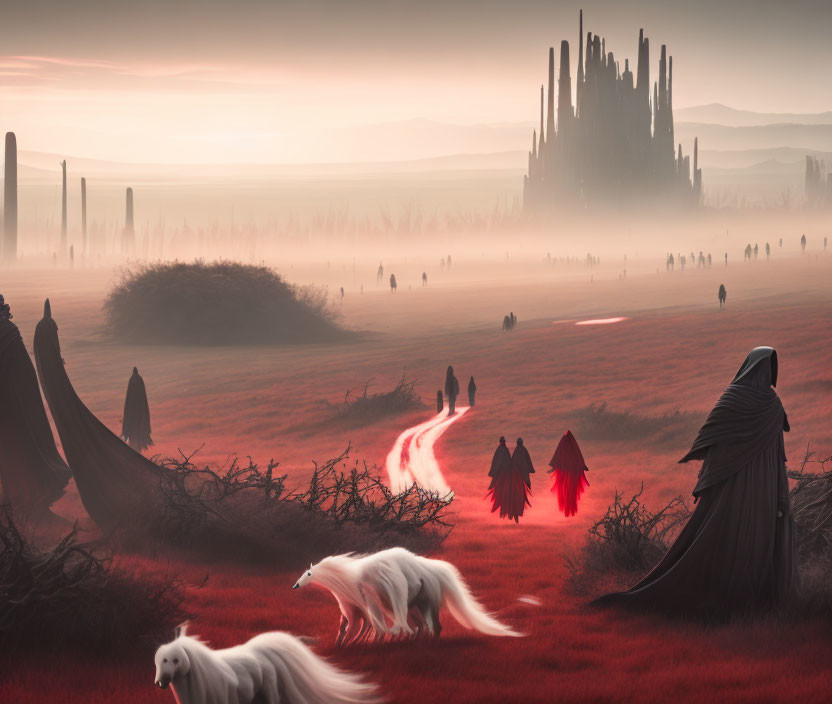 Mystical landscape with robed figures and castle in red-hued backdrop