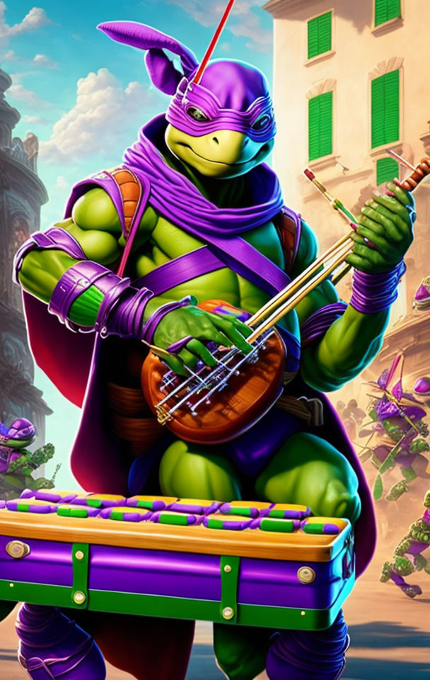 Smiling anthropomorphic turtle with purple mask and staff in vibrant cityscape