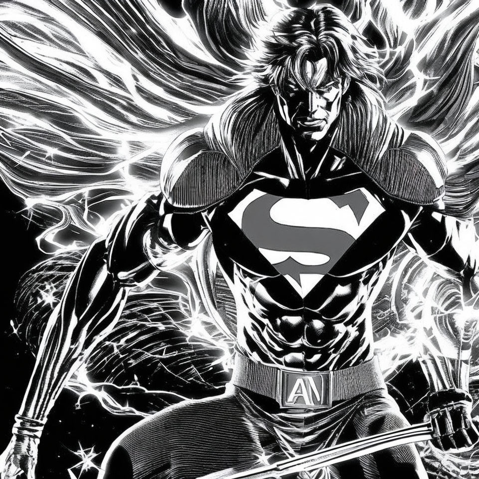 Monochrome superhero illustration with 'S' emblem and dynamic energy.