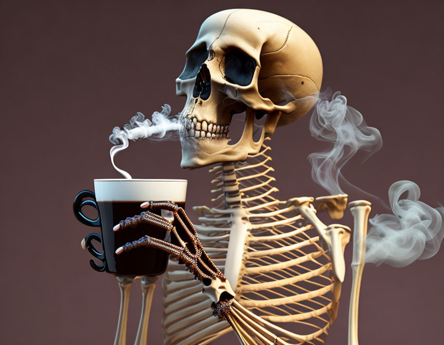 Skeleton holding steaming coffee cup on brown background