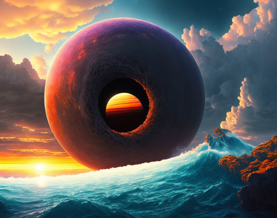 Massive planet over turbulent ocean at sunset