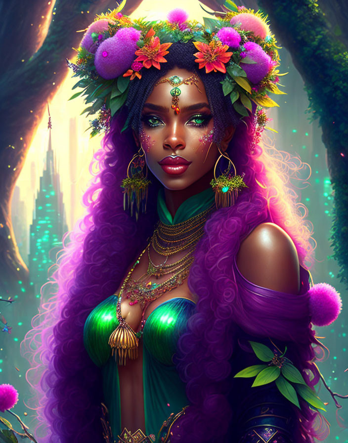 Digital artwork: Woman with purple hair, ornate jewelry, floral headdress, futuristic cityscape.