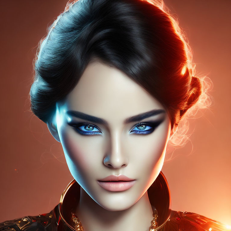 Stylized portrait of woman with blue eyes, bold makeup, and elegant hairstyle on warm amber backdrop