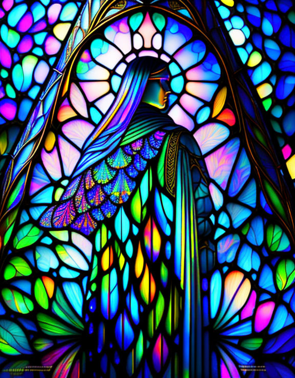 Colorful stained glass window featuring figure with butterfly wings among intricate patterns, exuding mysticism and art