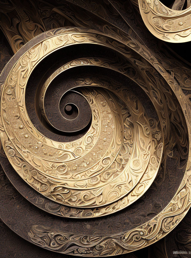 Detailed Golden Spiral Patterns with Embossed Textures on Dark Background