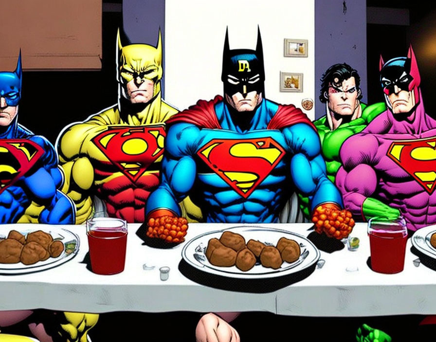 Superheroes Dining Together in Humorous Scene