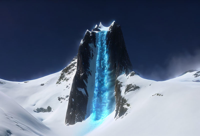 Snow-covered mountain peak with glowing blue crevasse under clear sky