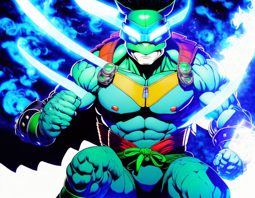 Green-skinned muscular character in blue and orange armor wields glowing blue sword