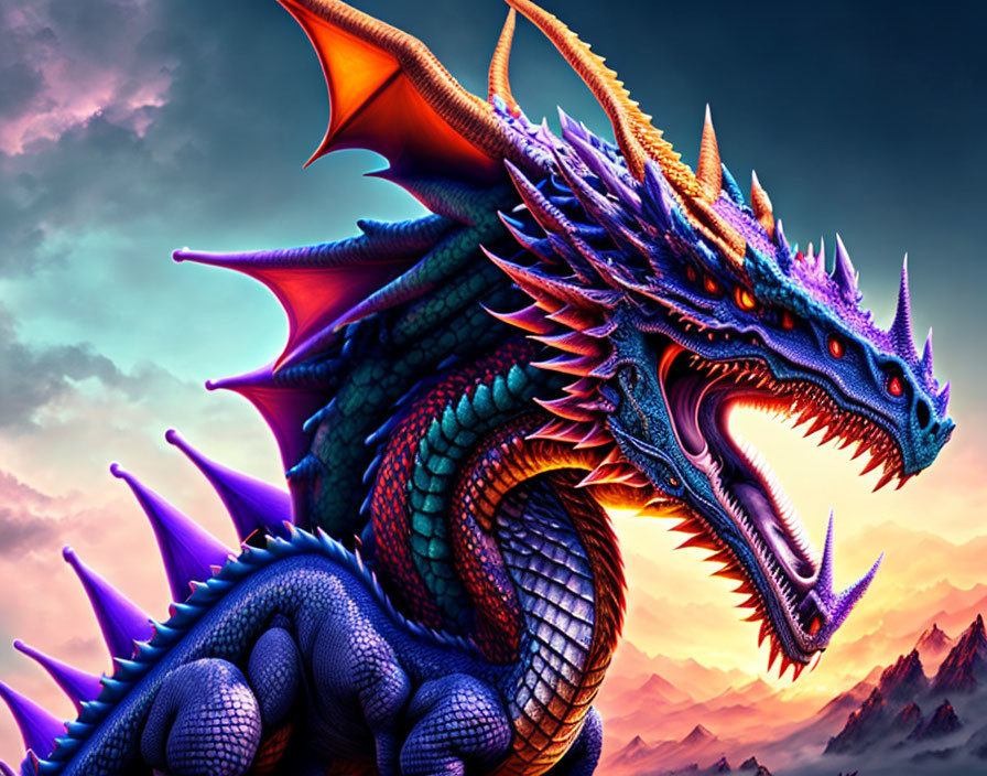 Blue and Orange Dragon in Dramatic Mountain Landscape