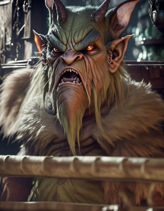 Green-skinned ogre with fur collar and chains growls fiercely