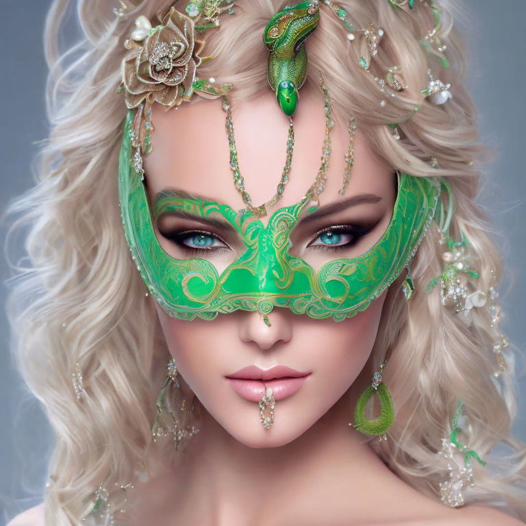 Blonde woman in green snake mask with gold and jewels