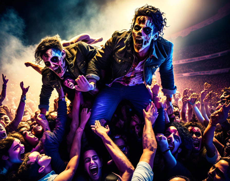 Crowd at lively concert with two people in skull face paint evoking Day of the Dead theme