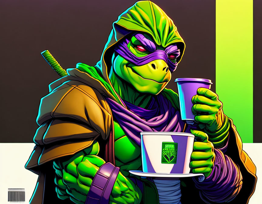 Purple-masked Ninja Turtle enjoying coffee in a cafe setting