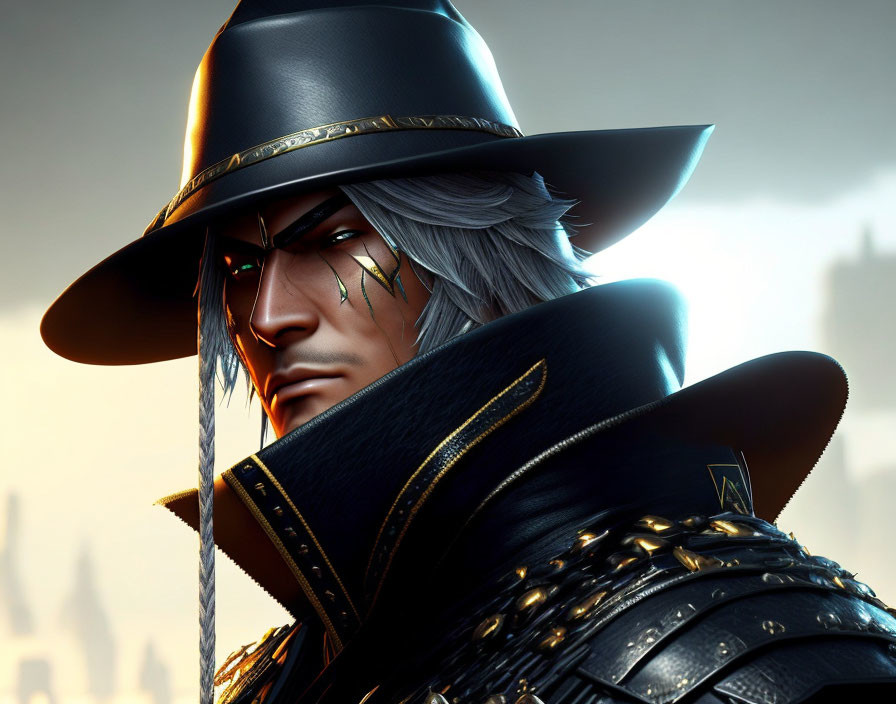 Animated character with wide-brimmed hat and silver hair