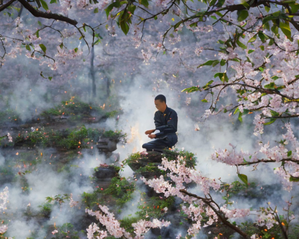 Person sitting on rock surrounded by cherry blossoms and mist in serene garden.