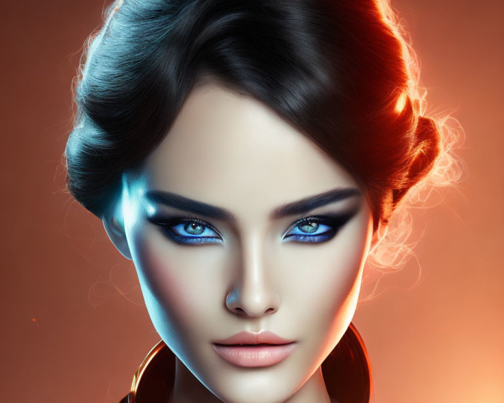 Stylized portrait of woman with blue eyes, bold makeup, and elegant hairstyle on warm amber backdrop