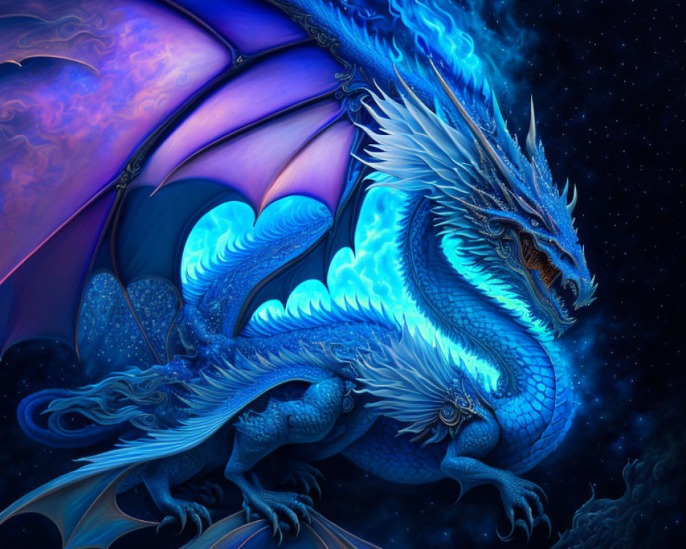 Blue Dragon with Iridescent Wings on Starry Night Sky