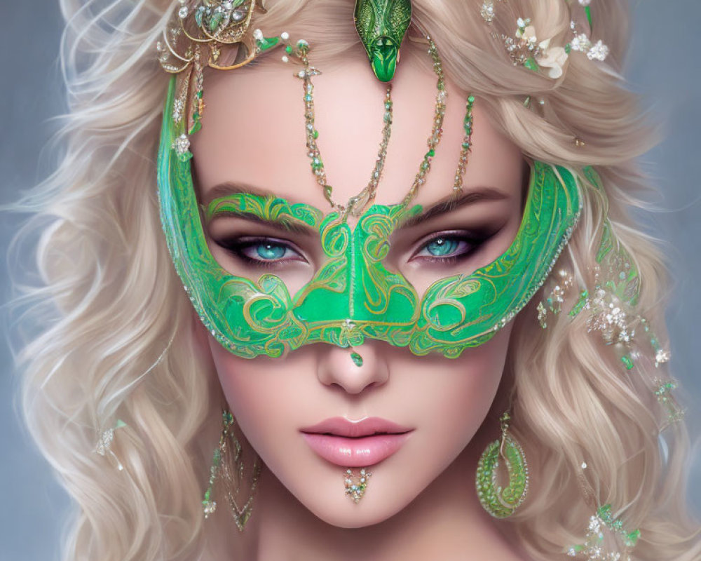 Blonde woman in green mask with gold ornaments and crystals