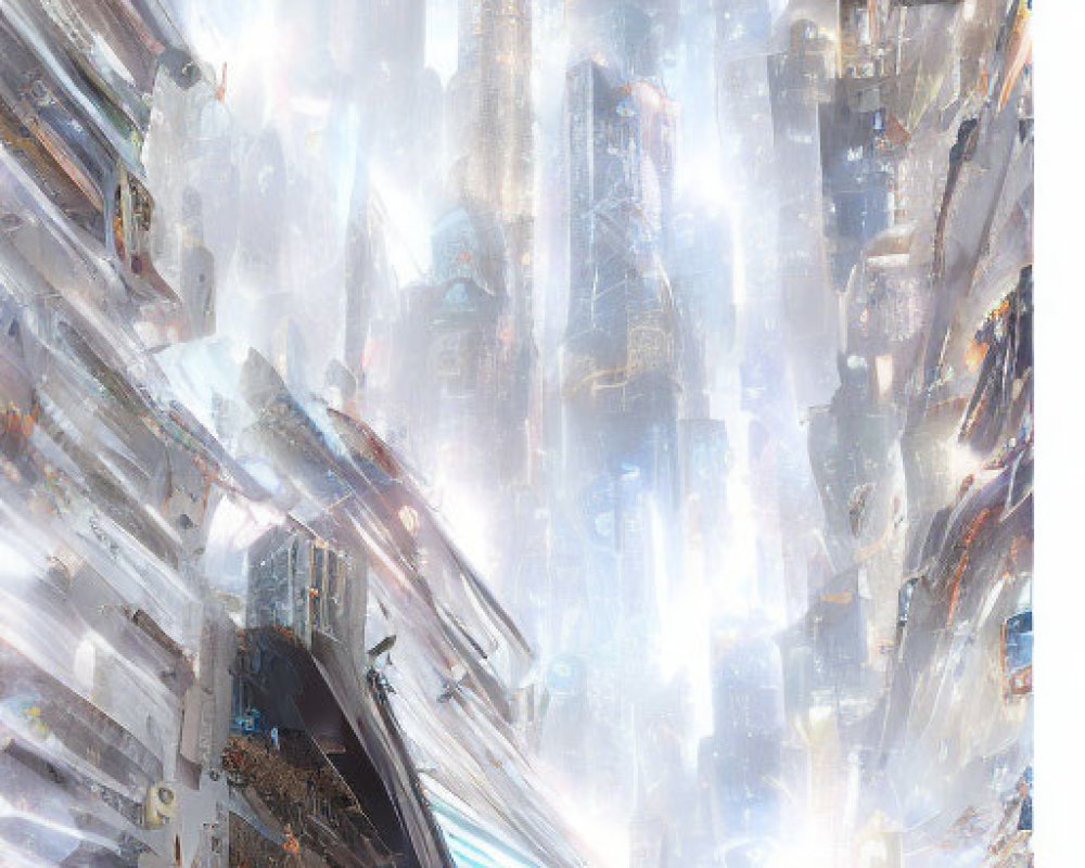 Futuristic cityscape with skyscrapers, bright lights, and flying vehicles